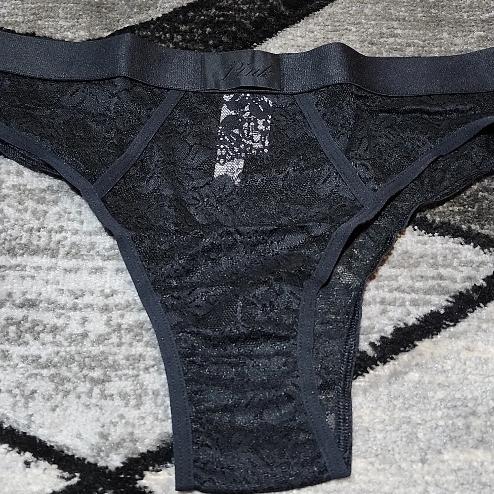 VS PINK BLACK LACIE LOGO PATCH BRAZILIAN PANTY